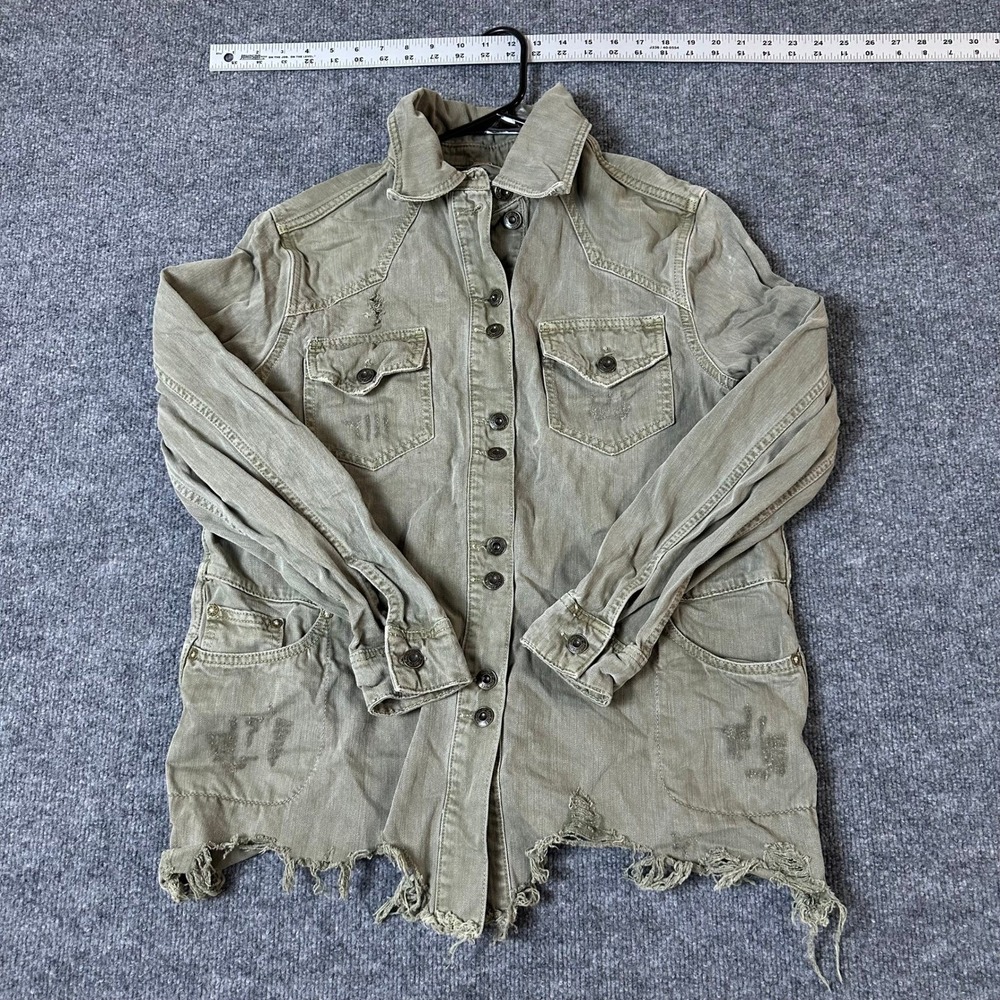 Free People Jacket Womens Size S Olive Green Distressed Raw Hem Cotton Utility